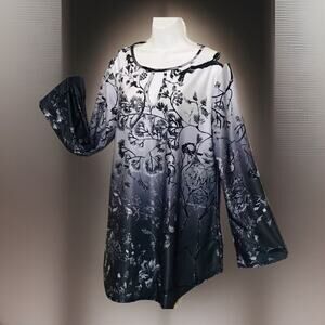 Lily Artsy Blouse Womens XL Asian Inspired Floral Birds Top Keyhole Bell Sleeve